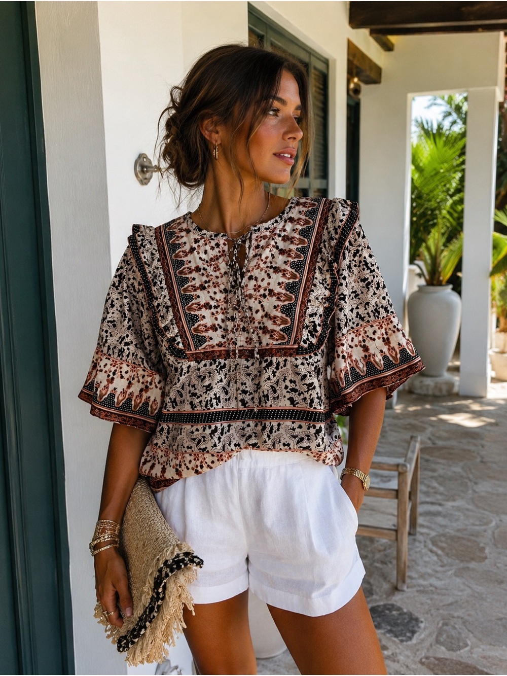 Calypso St. Barth NWT Quilted Paisley Cotton Boho Ruffle Blouse Top M Resort